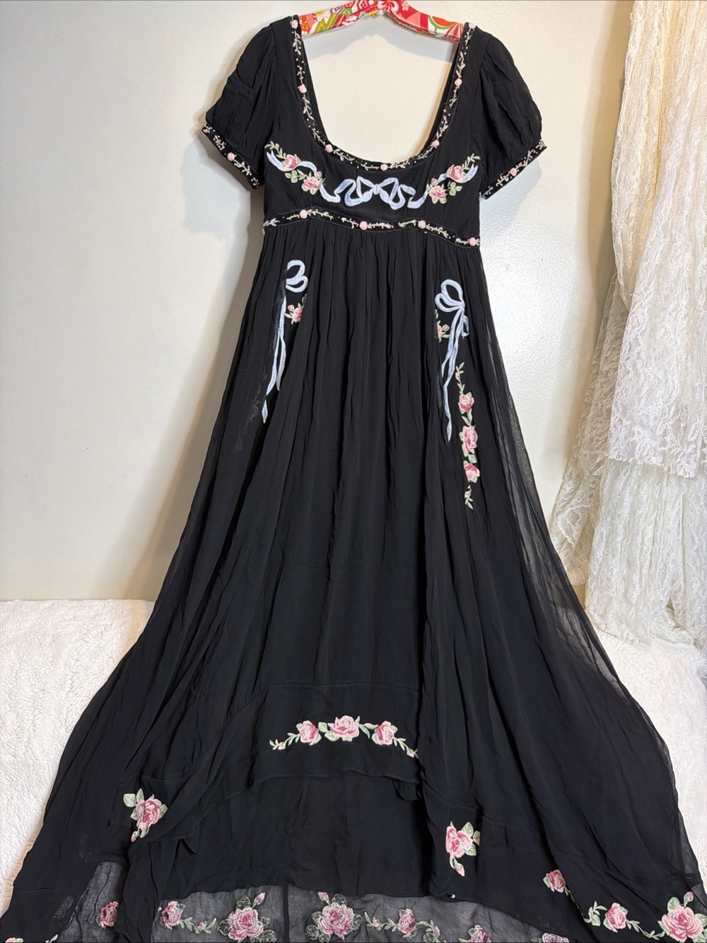 For Love & Lemons Rosemarie Embroidered Floral Bows Coquette Beaded Maxi Dress M - Picture 5 of 12